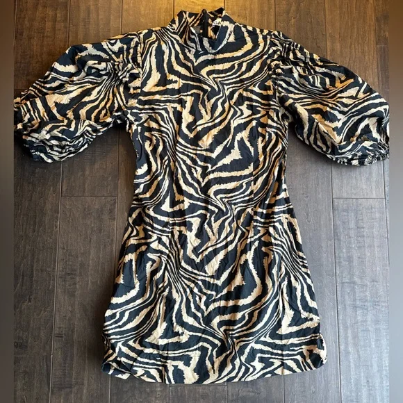 Ganni Black and Tan Mini Dress Zebra Print - Picture 2 of 6